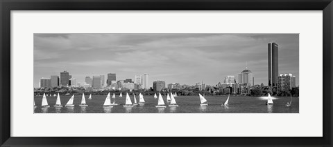 Framed Black and white view of boats on a river by a city, Charles River,  Boston Print