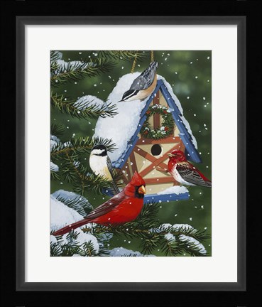 Framed Birds At Feeder (Winter) Print