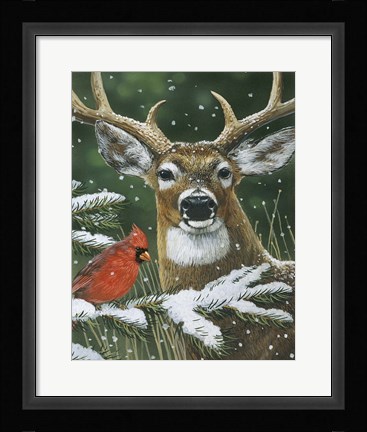 Framed Deer With Cardinal Print