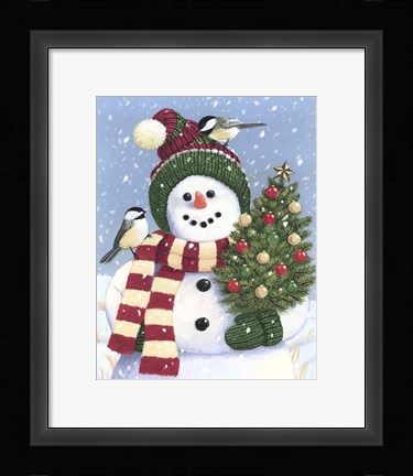 Framed Snowman Holding A Christmas Tree Print