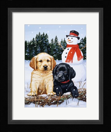 Framed Lab Puppies With Snowman Print