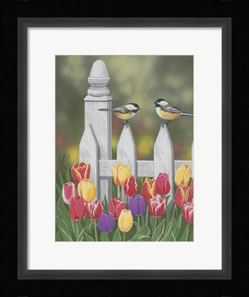 Framed Chickadees And Tulips Print