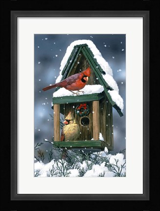 Framed Cardinals And Birdhouse In Snow Print