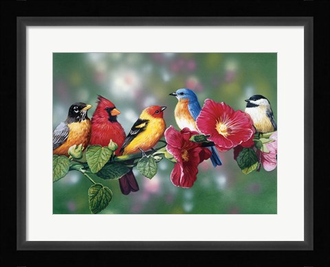 Framed Songbirds On Hollyhock Print