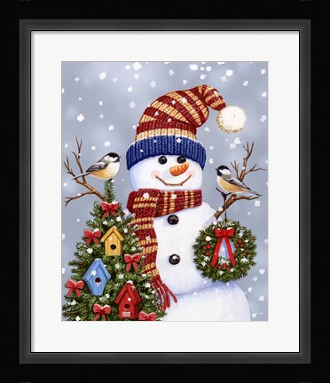 Framed Snowman With Wreath Print
