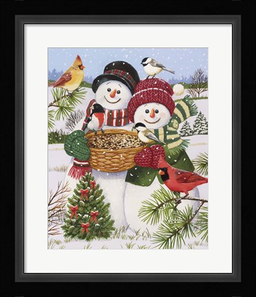 Framed Snow Couple Feeding Birds Print