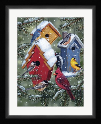 Framed Winter Birdhouses Print
