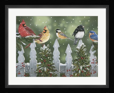Framed Winter Birds on a Snowy Fence Print