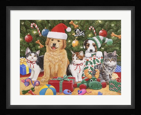 Framed Puppies &amp; Kittens Christmas Print