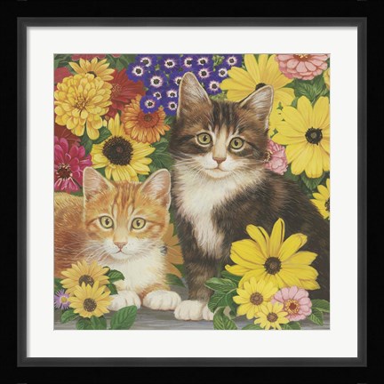 Framed Kitties And Flowers Print