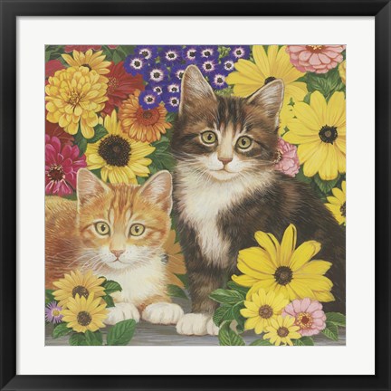 Framed Kitties And Flowers Print