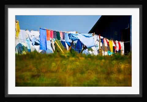 Framed Laundry hanging on the line to dry, Michigan, USA Print
