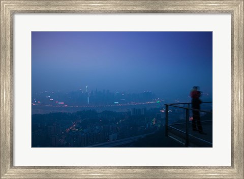 Framed Illuminated city viewed from Yikeshu viewing platform at evening, Chongqing, Yangtze River, Chongqing Province, China Print