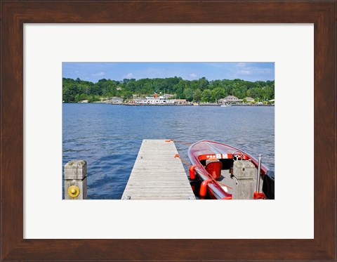 Framed Motorboat moored at a pier, Gravenhurst Bay, Gravenhurst, Ontario, Canada Print