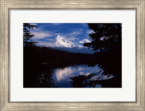 Framed Reflection of a snow covered mountain in a lake, Mt Hood, Lost Lake, Mt. Hood National Forest, Hood River County, Oregon, USA Print