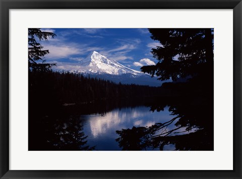Framed Reflection of a snow covered mountain in a lake, Mt Hood, Lost Lake, Mt. Hood National Forest, Hood River County, Oregon, USA Print