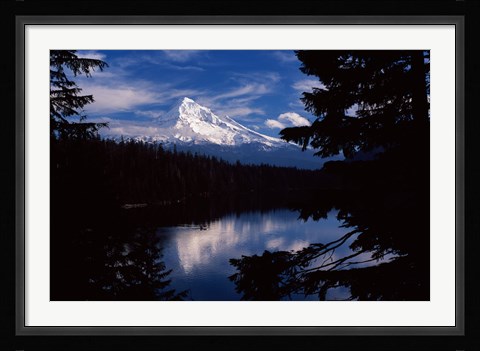 Framed Reflection of a snow covered mountain in a lake, Mt Hood, Lost Lake, Mt. Hood National Forest, Hood River County, Oregon, USA Print