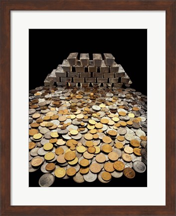 Framed Stack of sliver ingots and pile of coins Print
