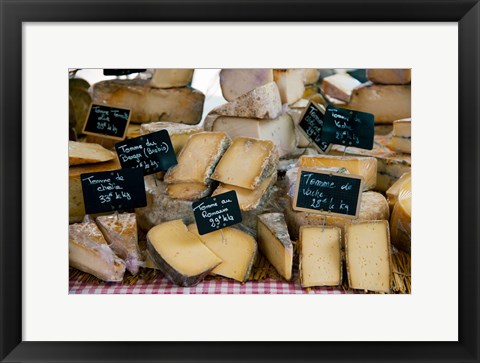 Framed Cheese for sale at a market stall, Lourmarin, Vaucluse, Provence-Alpes-Cote d&#39;Azur, France Print