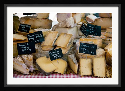 Framed Cheese for sale at a market stall, Lourmarin, Vaucluse, Provence-Alpes-Cote d'Azur, France Print
