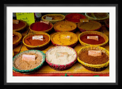 Framed Spices for sale at a market stall, Lourmarin, Vaucluse, Provence-Alpes-Cote d'Azur, France Print