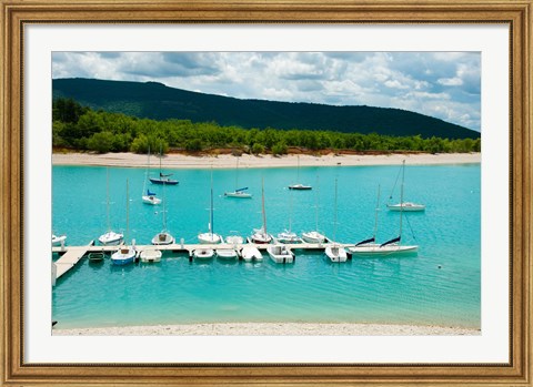 Framed Boats at a harbor, Port Margaridon, Lake of Sainte-Croix, Var, Provence-Alpes-Cote d&#39;Azur, France Print