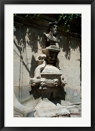 Framed Fountain with the bust of Nostradamus, Rue Carnot, St.-Remy-de-Provence, Bouches-Du-Rhone, Provence-Alpes-Cote d&#39;Azur, France Print