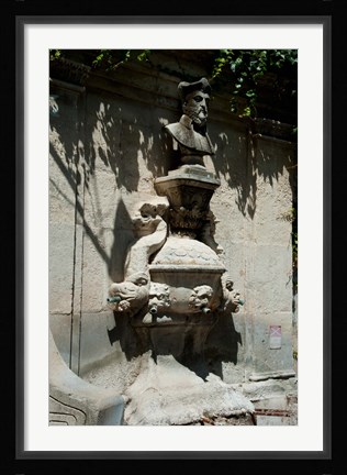 Framed Fountain with the bust of Nostradamus, Rue Carnot, St.-Remy-de-Provence, Bouches-Du-Rhone, Provence-Alpes-Cote d'Azur, France Print