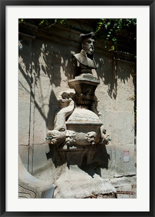 Framed Fountain with the bust of Nostradamus, Rue Carnot, St.-Remy-de-Provence, Bouches-Du-Rhone, Provence-Alpes-Cote d'Azur, France Print