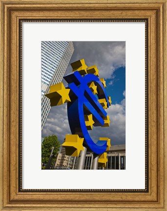 Framed Sculpture of an Euro sign in front of a building, Willy-Brandt-Platz, European Central Bank, Frankfurt, Hesse, Germany Print