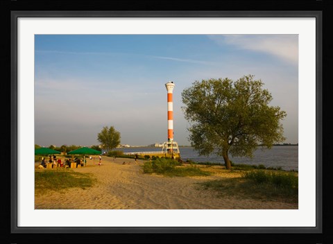 Framed Small lighthouse at the riverside, Elbe River, Blankenese, Hamburg, Germany Print