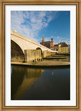Framed Bridge across the river, Steinerne Bridge, Danube River, Regensburg, Bavaria, Germany Print