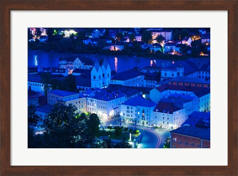 Framed High angle view of old town buildings at night, Passau, Bavaria, Germany Print