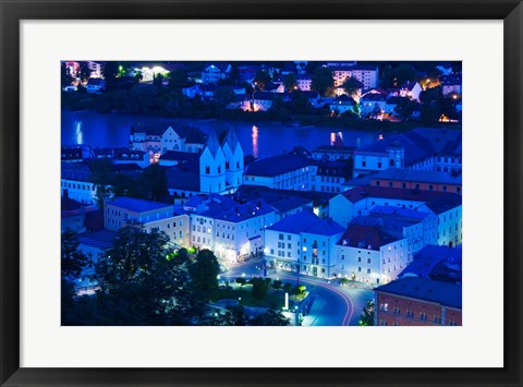 Framed High angle view of old town buildings at night, Passau, Bavaria, Germany Print