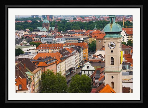 Framed High angle view of buildings with a church in a city, Heiliggeistkirche, Munich, Bavaria, Germany Print