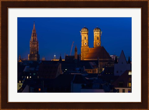 Framed Town hall with a church at night, Munich Cathedral, New Town Hall, Munich, Bavaria, Germany Print