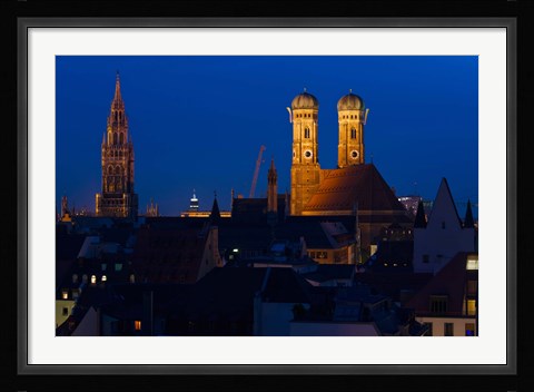 Framed Town hall with a church at night, Munich Cathedral, New Town Hall, Munich, Bavaria, Germany Print