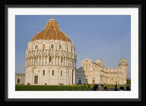 Framed Tourists at baptistery with cathedral, Pisa Cathedral, Pisa Baptistry, Piazza Dei Miracoli, Pisa, Tuscany, Italy Print