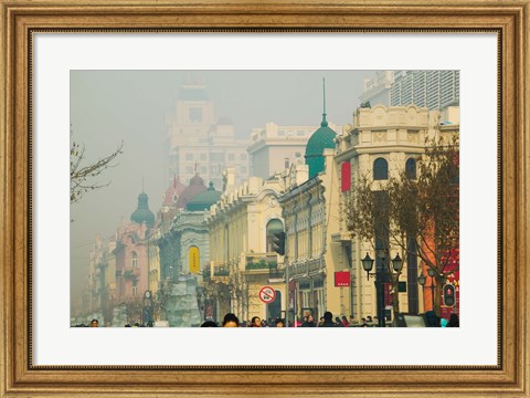 Framed Shoppers along a central street, Zhongyang Dajie, Daoliqu Russian Heritage Area, Harbin, Heilungkiang Province, China Print