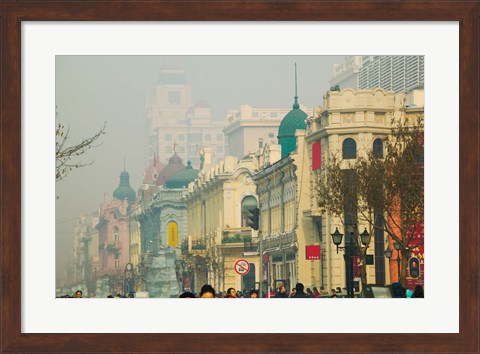 Framed Shoppers along a central street, Zhongyang Dajie, Daoliqu Russian Heritage Area, Harbin, Heilungkiang Province, China Print
