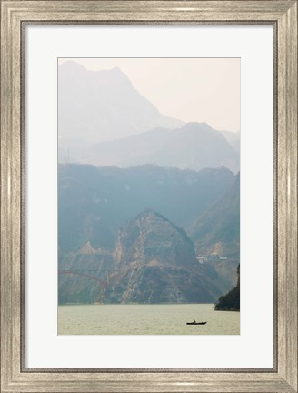 Framed Boat in the river with foggy mountains in the background, Xiling Gorge, Yangtze River, Hubei Province, China Print