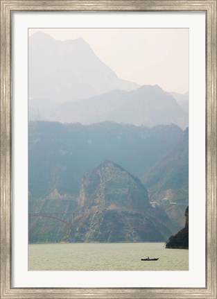 Framed Boat in the river with foggy mountains in the background, Xiling Gorge, Yangtze River, Hubei Province, China Print