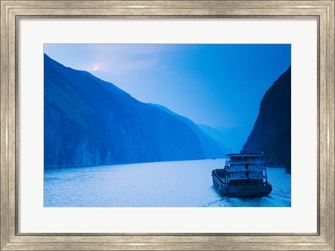 Framed Container ship in the river at sunset, Wu Gorge, Yangtze River, Hubei Province, China Print