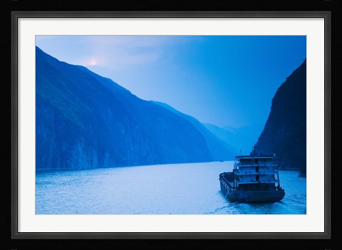Framed Container ship in the river at sunset, Wu Gorge, Yangtze River, Hubei Province, China Print