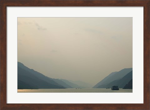 Framed Boats in the river with mountains in the background, Yangtze River, Fengdu, Chongqing Province, China Print