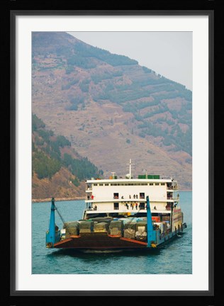 Framed Container ship in the river with mountains in the background, Yangtze River, Fengdu, Chongqing Province, China Print