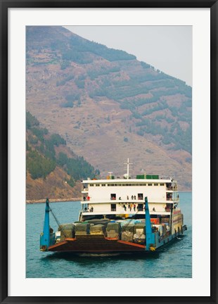 Framed Container ship in the river with mountains in the background, Yangtze River, Fengdu, Chongqing Province, China Print
