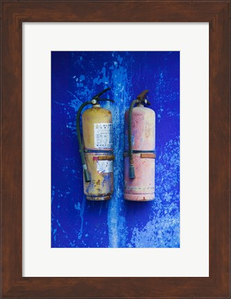 Framed Fire extinguishers on Blue Temple wall, Mingshan, Fengdu Ghost City, Fengdu, Yangtze River, Chongqing Province, China Print