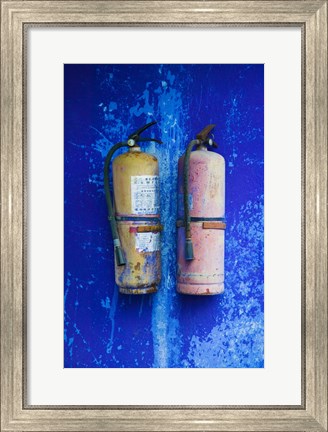 Framed Fire extinguishers on Blue Temple wall, Mingshan, Fengdu Ghost City, Fengdu, Yangtze River, Chongqing Province, China Print
