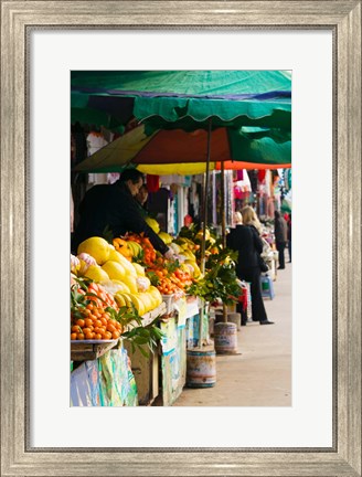 Framed Fruit stalls at a street market, Mingshan, Fengdu Ghost City, Fengdu, Yangtze River, Chongqing Province, China Print